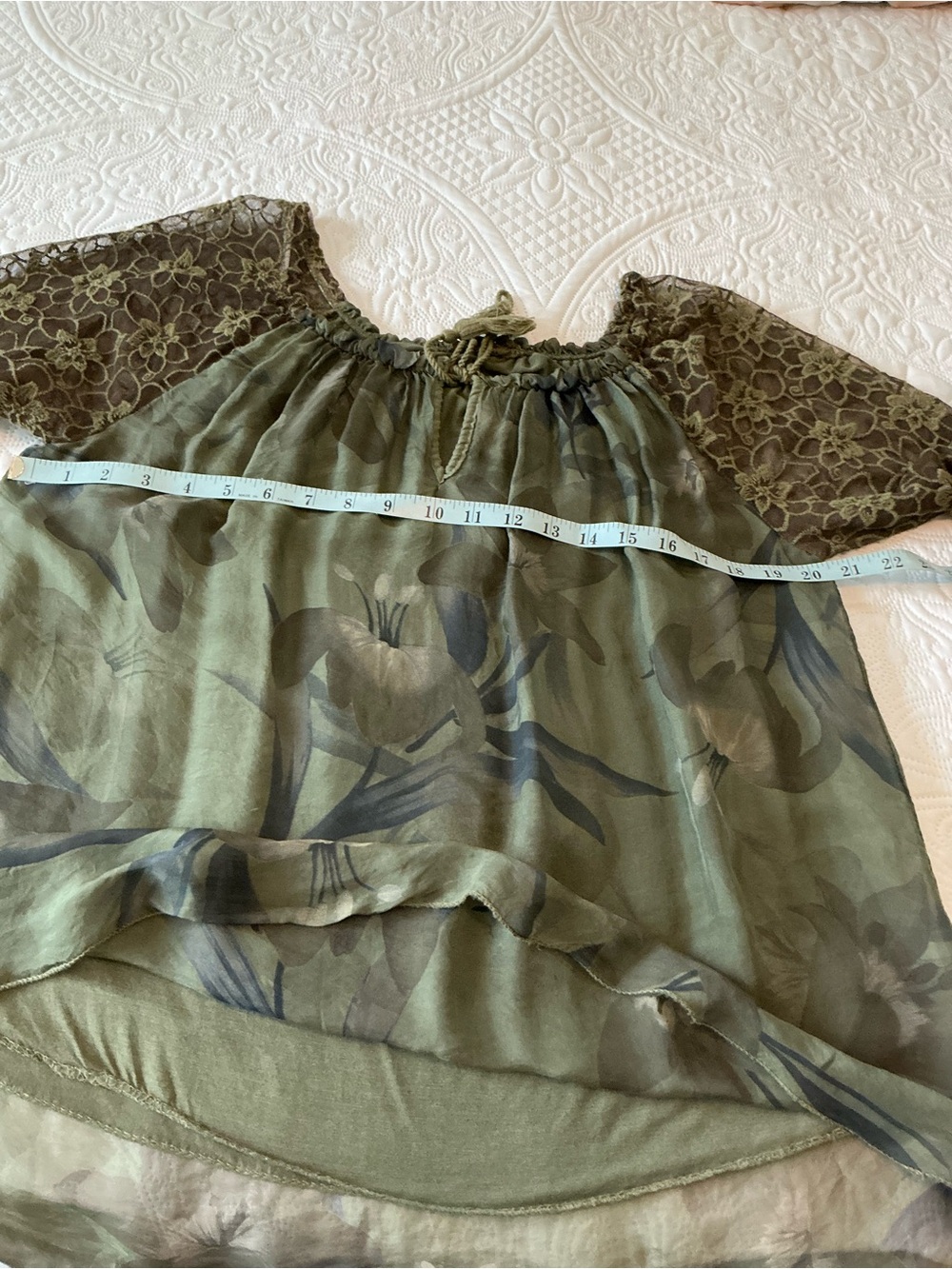 Sheer Olive Green Off-Shoulder Blouse with Lace Sleeves - Picture 2 of 4